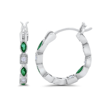 14K White Gold Art Deco Hoop Earrings Marquise Round Simulated Green Emerald CZ